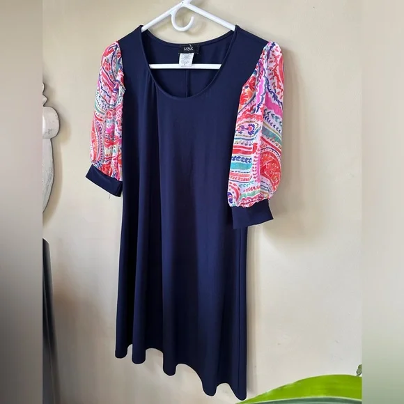MSK Navy Dress with Floral Puff Sleeves Size S - Picture 2 of 8